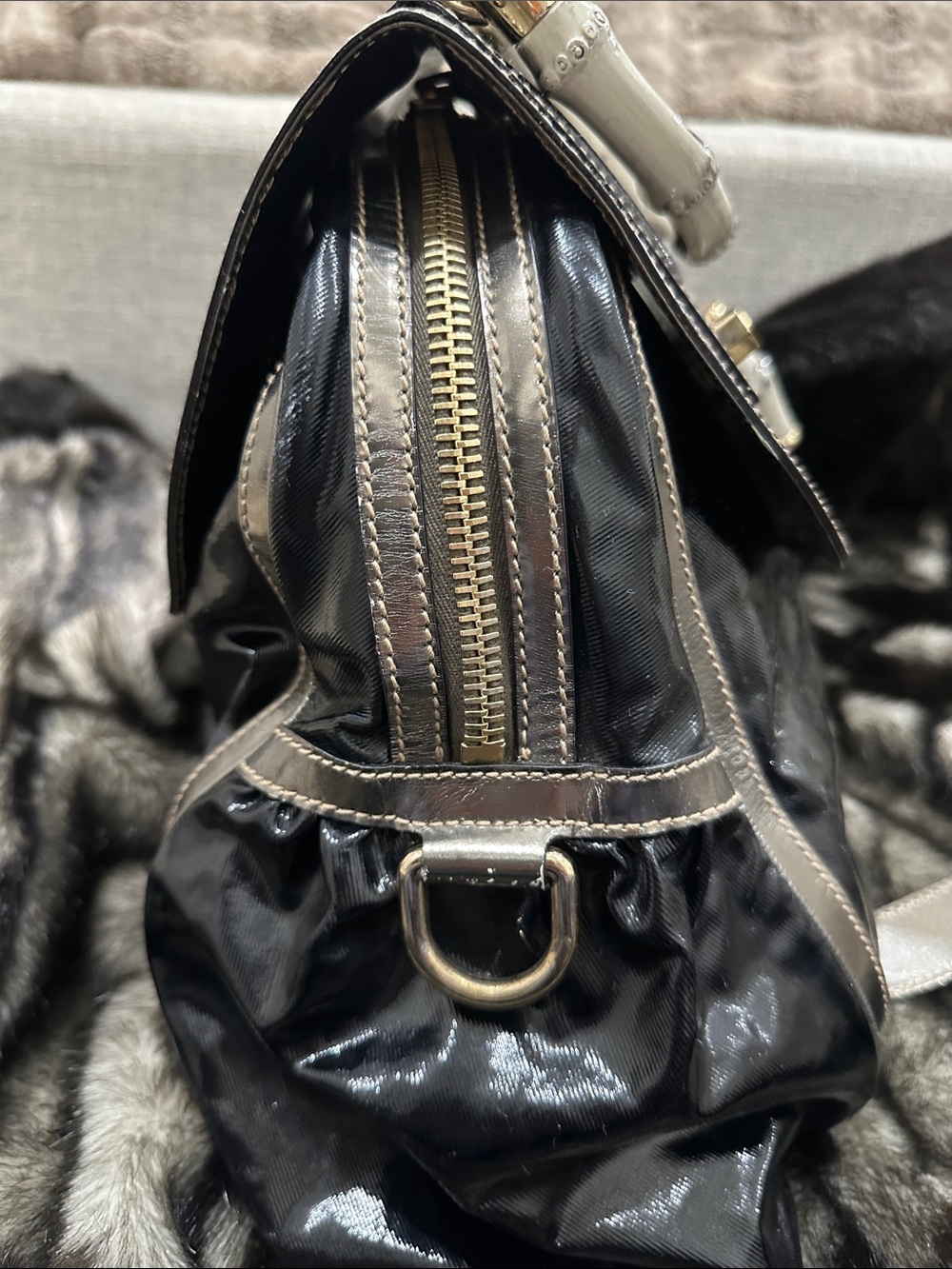 GUCCI metallic Silver and Black Top-Handle GUCCI bamboo LARGE purse - Picture 6 of 16